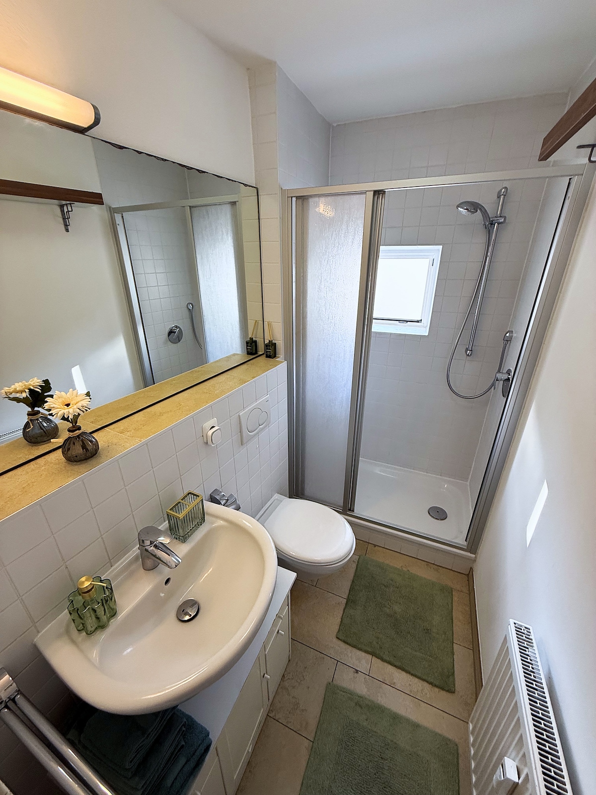 Bathroom seen from the door, with the large mirror and the towel shelf under the sink