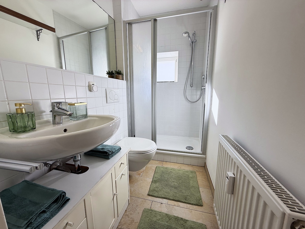 Bathroom with sink, toilet and the shower cubicle with a small window