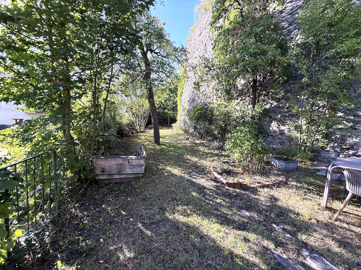The lawn with the wooden raised bed and the old stone wall
