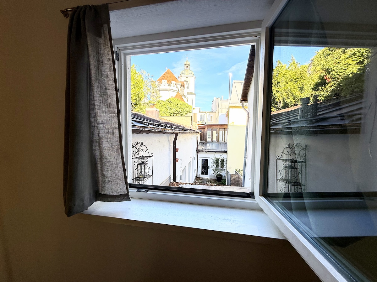 The church tower seen from the open kitchen window