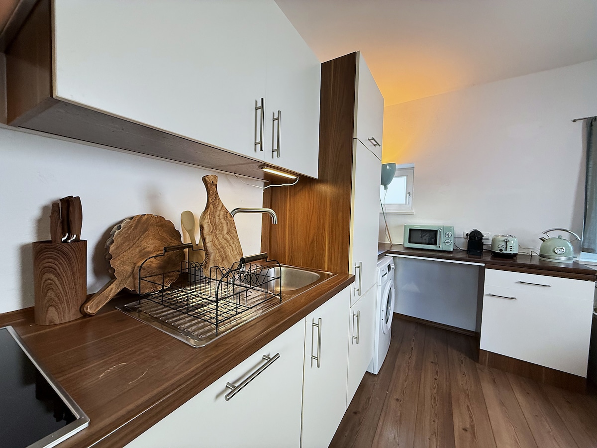 Kitchen counter with hob, sink and dish rack, the washing machine at the end